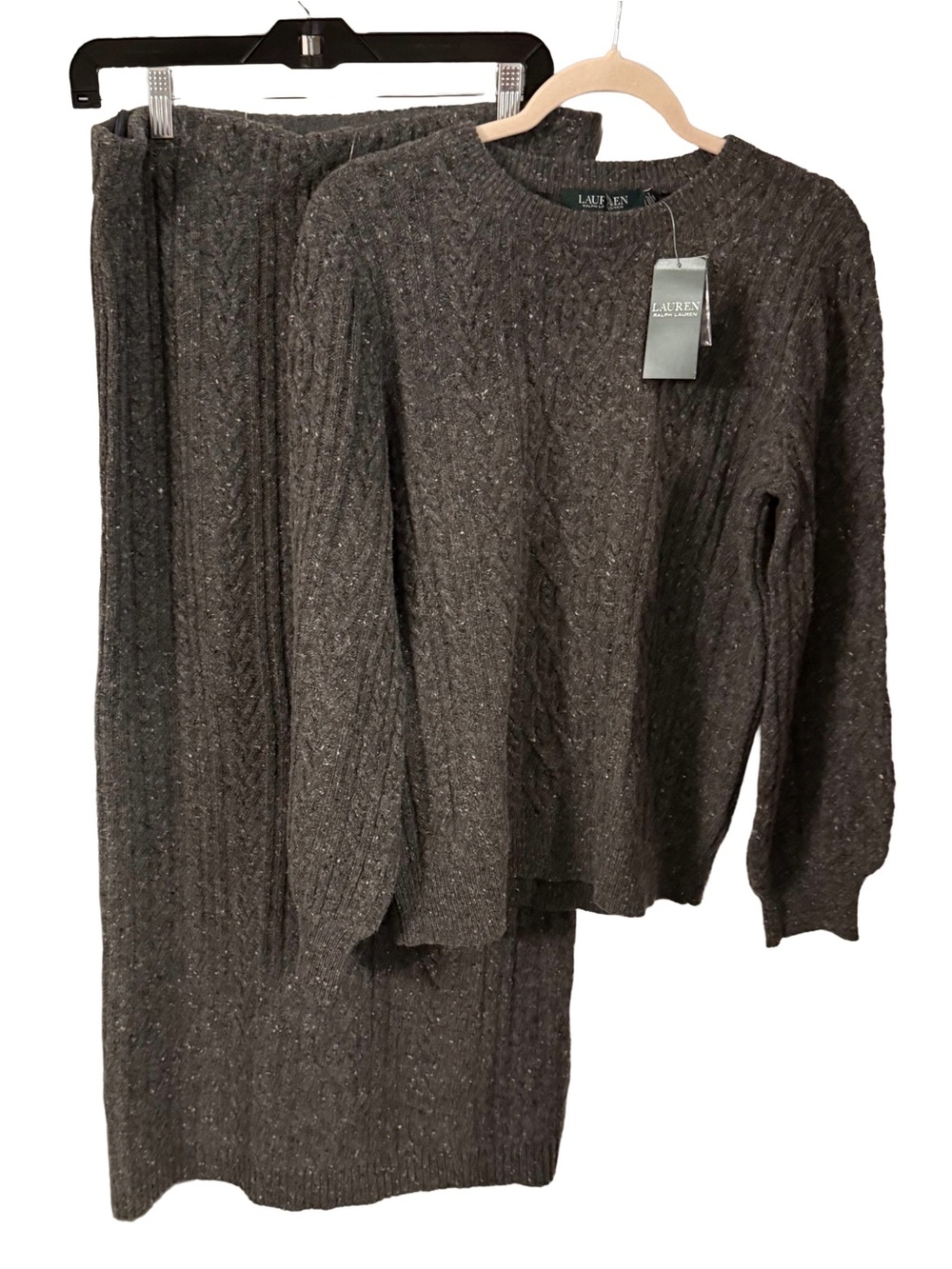 Ralph Lauren Women’s Cable Knit Sweater & Skirt Set Gray Wool Blend Sz L NWT